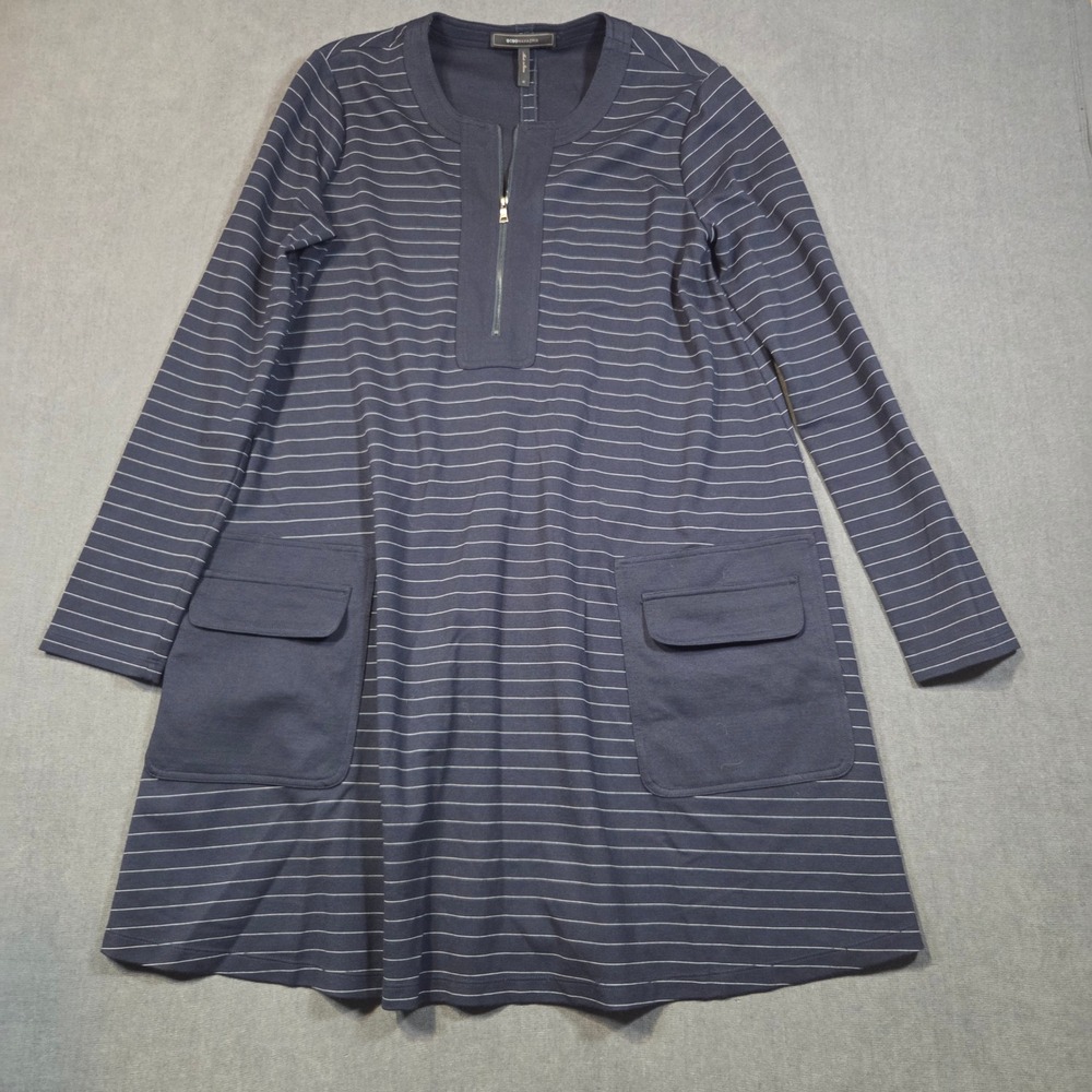 BCBGMAXAZRIA Raegan Shift Dress Womens M Navy Blue Pinstripe Half Zip Pockets
